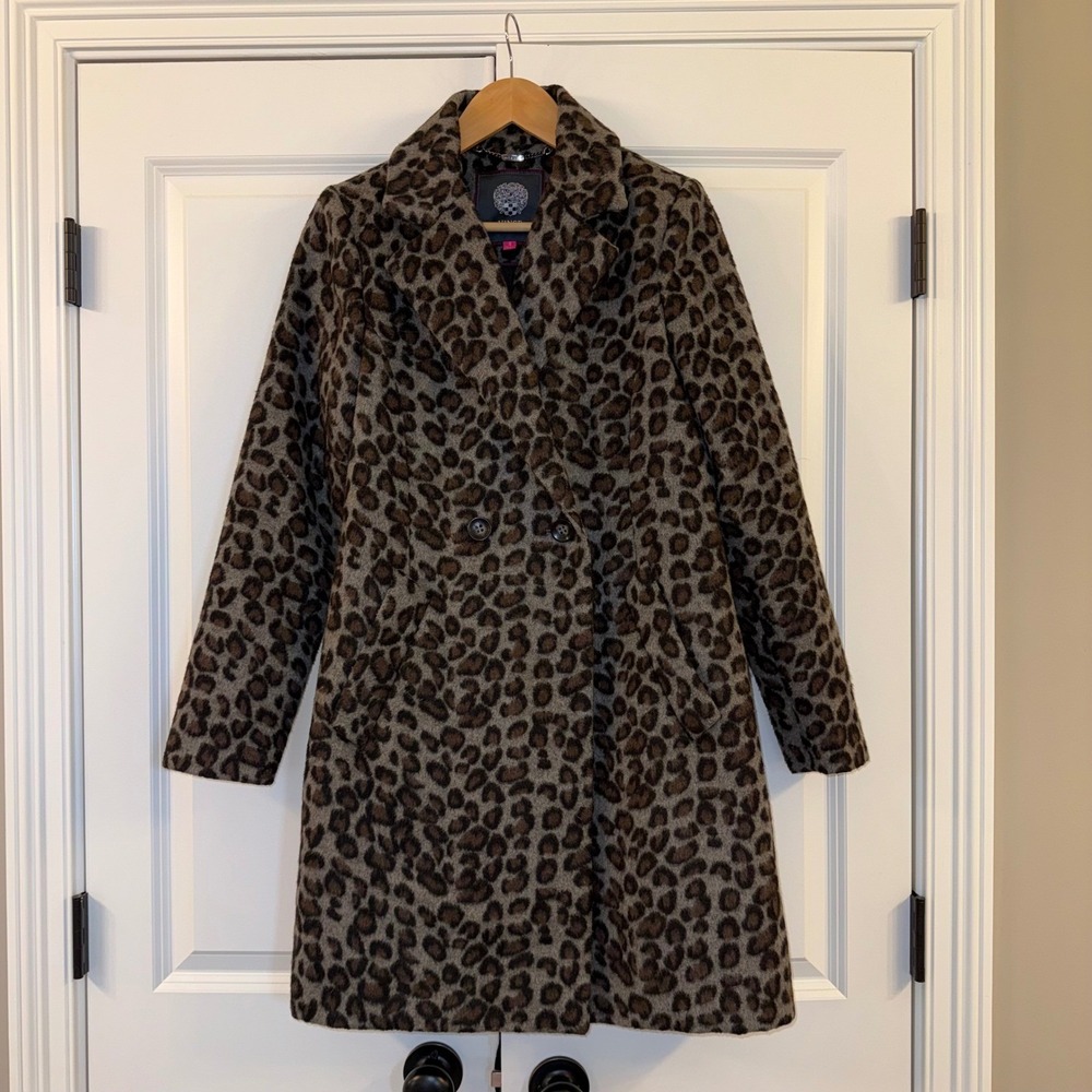 Vince Camuto Women's Animal Print Leopard Gray Brown Wool‎ Blend Coat